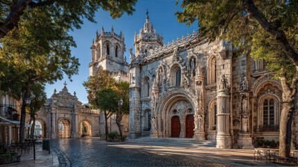 Fototapeta premium 16th-century Portuguese Manueline church facade in bright daylight