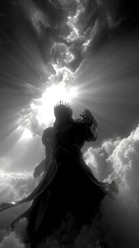 Silhouette of a Figure Emerging from Clouds in Dramatic Black and White