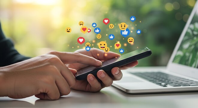 Close-up of hands tapping on a smartphone screen with social media reaction emojis floating above, symbolizing online communication and digital engagement.