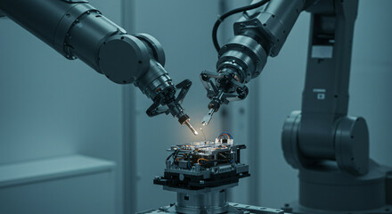 Robotic arms collaborating in a high-tech environment to assemble intricate electronic components