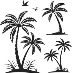 A beautiful vector silhouette design of a palm tree on a tropical beach at sunset, perfect for a summer vacation illustration