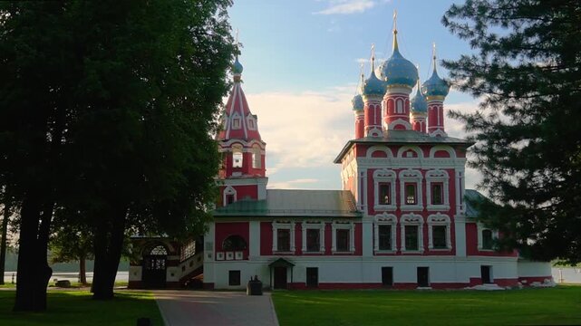 Church of Tsarevich Demetrius, with blue onion domes in historic town of Uglich, a touristic landmark on Golden Ring route.
