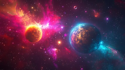 Vibrant cosmos scene with two planets amid colorful nebulae stars and dust for science fiction space exploration astronomy education universe imagination fantasy concept