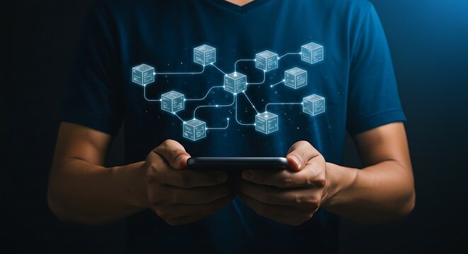 A man holds a smartphone displaying a glowing, interconnected blockchain network graphic.