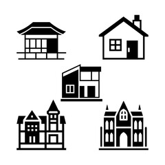 A set of  minimalist black and white linear icons of houses in different architectural styles 