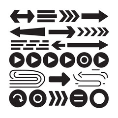 A collection of black arrows and directional symbols arranged in a horizontal pattern against a white background.