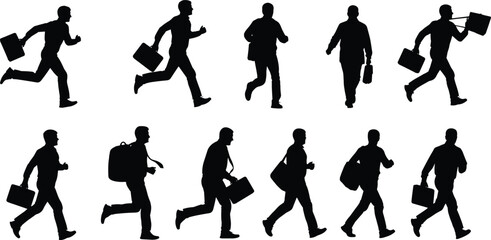 Silhouette of people, walking and running, carrying bags, briefcase, backpack, shoulder bag, human motion, posture, fashion, vector illustration