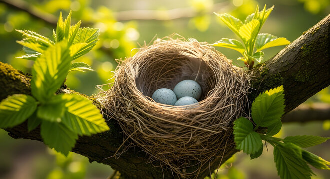 Bird nest with blue eggs on a tree branch in springtime, nature scene - Powered by Adobe