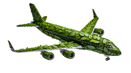 Green eco airplane decorated with leaves isolated on white background for sustainable travel concept
