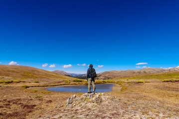 Fototapeta premium A male hiker enjoys panoramic fall views at Independence Pass under clear skies and cool mountain air.