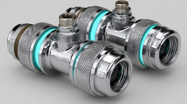 Cluster of three 3D quick-connect fittings in chrome-plated brass on gray field