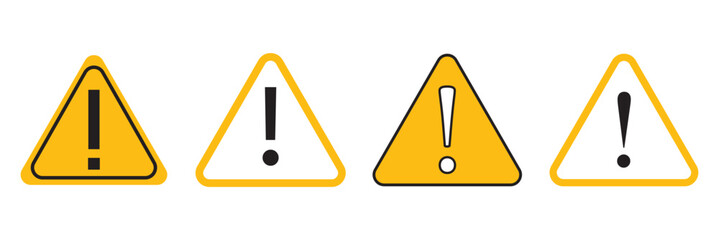 Set warning sign, alert icon. Danger warning attention sign. Exclamation point on yellow sign. Vector illustration on white background.