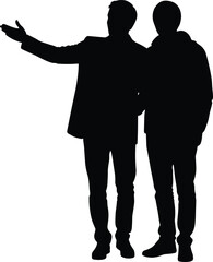 Silhouette of two people, standing side by side, one pointing forward, gesture communication, minimal black artwork, interaction, body language, pose