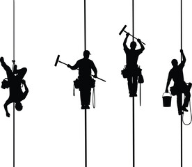 Silhouettes of four suspended workers cleaning windows, rope access, squeegee, bucket, high-rise maintenance, black illustration, skilled labor, safety gear © Ideasy Mind