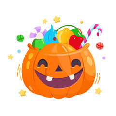 Fototapeta premium Halloween pumpkin bucket filled with candy isolated on white background