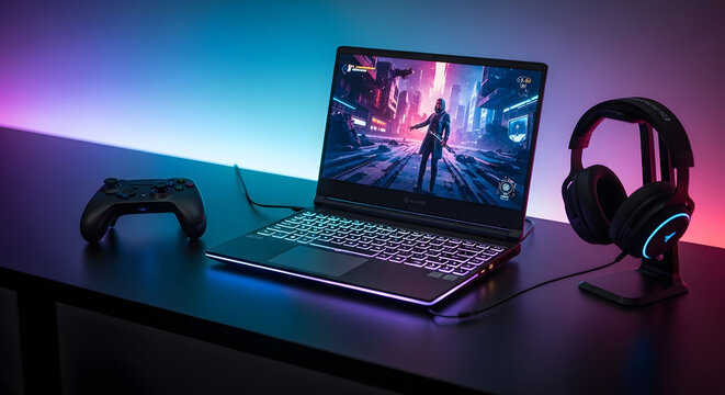 Gaming laptop with headphones and controller on a desk with colorful background lights