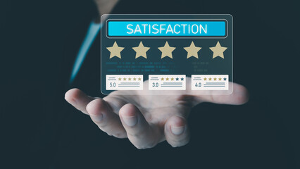 A businessman's hand presents a virtual interface displaying a 5-star rating system for customer satisfaction, symbolizing online reviews and business reputation management.