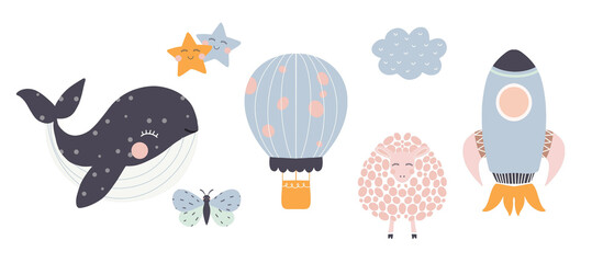 vector illustration of a set of balloon, animals, stars. Holiday, birthday, baby shower icons.
