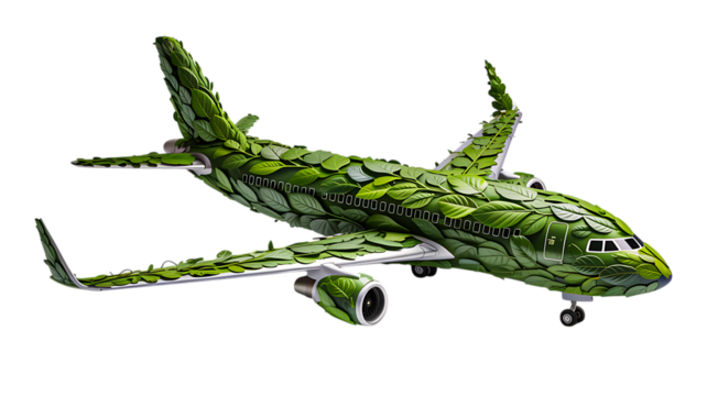 Green eco airplane decorated with leaves isolated on white background for sustainable travel concept
