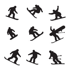 A set of 9 black silhouette illustrations of snowboarders in various dynamic poses against a white background. 