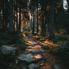Fototapeta premium Sunlit stone path through a dense forest