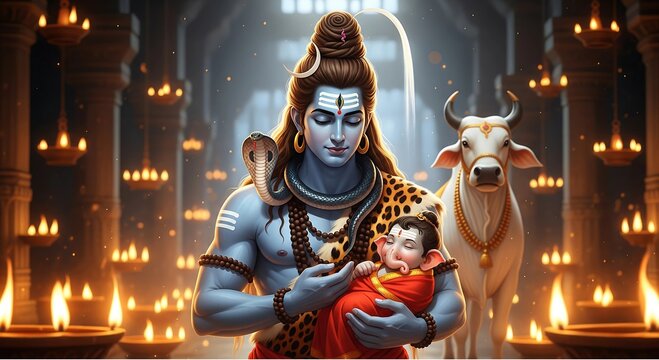 Lord Shiva Holding Baby Ganesha, Hindu Divine Family Illustration
