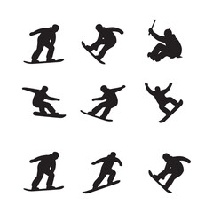 A set of 9 black silhouette illustrations of snowboarders in various dynamic poses against a white background. 