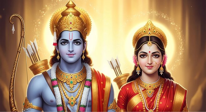 Rama and Sita Divine Couple in Golden Splendor