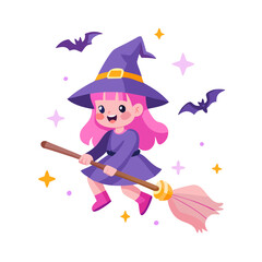 Cute cartoon witch girl flying on a broom isolated on white background