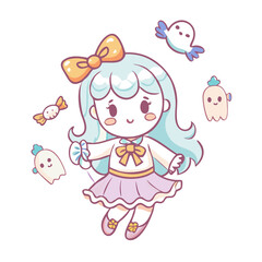 Cute cartoon girl with ghosts and candy isolated on white background
