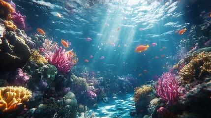 Fototapeta premium Underwater coral reef teems with colorful fish sunlight rays for marine conservation nature documentary ocean life biodiversity environmental awareness beauty concept