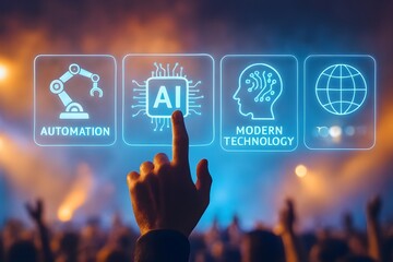 The icons represent "Automation" with a robot arm, "AI" with a microchip, "Modern Technology" with a human profile and circuits, and a globe.