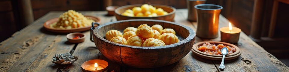 Rustic candlelit table featuring traditional pastries and warm ambiance