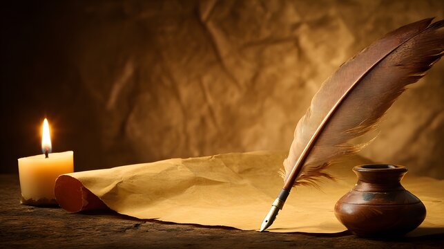 Vintage desk setup with a feather quill and inkwell on aged parchment.