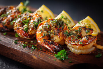 Delicious grilled shrimp skewers with fresh herbs and lemon wedges