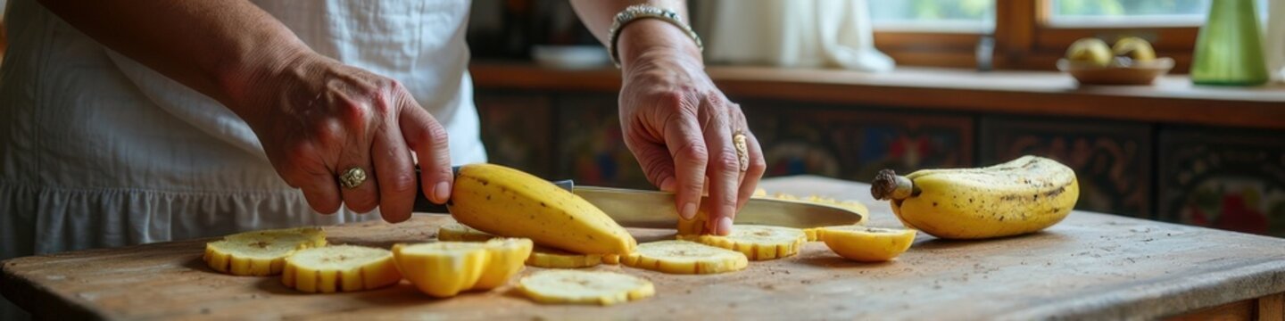 Caucasian mature female slicing bananas on rustic wooden counter in kitchen scene