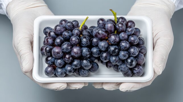 Pinot Noir grapes presented by a Champagne vintner on a white tray in Cte des Blancs