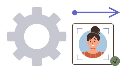 Gear icon next to profile portrait with a verification checkmark and directional arrow, indicating process completion. Ideal for identity verification, automation, workflow, technology, biometrics © robu_s
