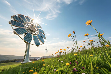 Photo of solar panel shaped like a flower in a sunny meadow