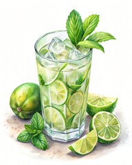 Fototapeta premium Watercolor painting of a refreshing lime and mint cocktail in a glass surrounded by lime wedges and mint sprigs