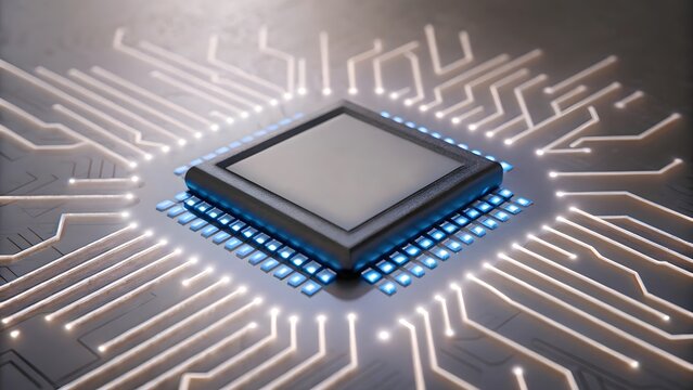 Photo of a central computer processor chip with radiating glowing circuits, highlighting innovation and digital connectivity