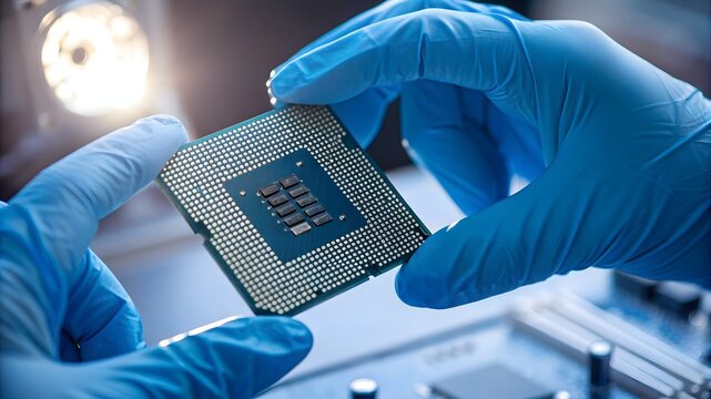 Photo of gloved hand holding a cpu processor microchip, preparing to install it on a computer circuit board for assembly or repair