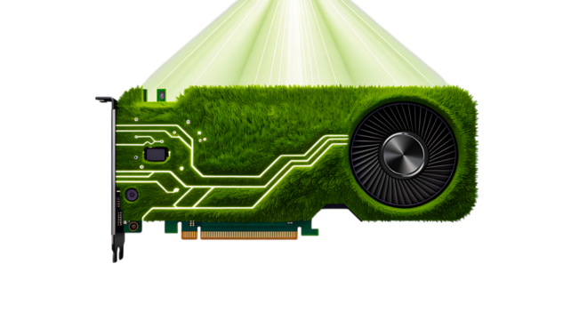 Green eco graphics card with circuit design covered in grass isolated on white background for sustainable technology concept
