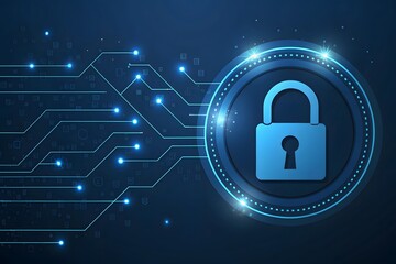 Photo of digital security lock icon on a circuit board background with glowing blue lights, representing cyber protection and data safety