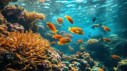 Fototapeta premium Vibrant coral reef teeming with colorful fish.