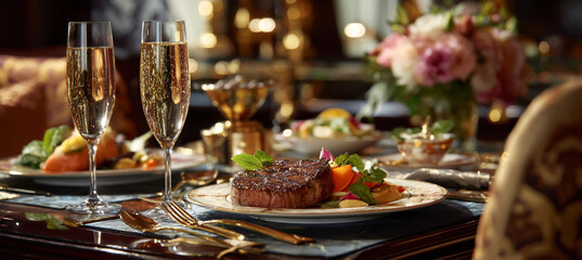 Naklejka premium Elegant dinner setting with steak and champagne