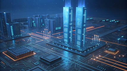 Photo of futuristic digital city with glowing circuits and data streams, representing advanced technology and global connectivity