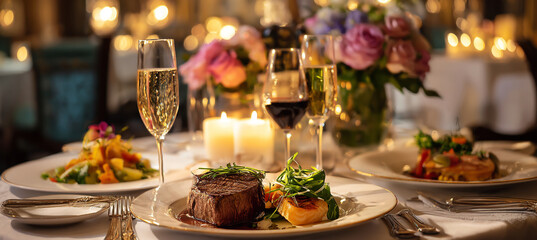Elegant romantic dinner with steak and wine by candlelight