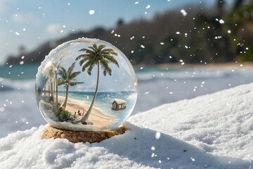 Photo of snow globe with tropical beach scene on snowy ground