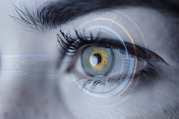 Photo of extreme closeup of a human eye with a glowing digital interface, representing future technology, data processing, and enhanced vision